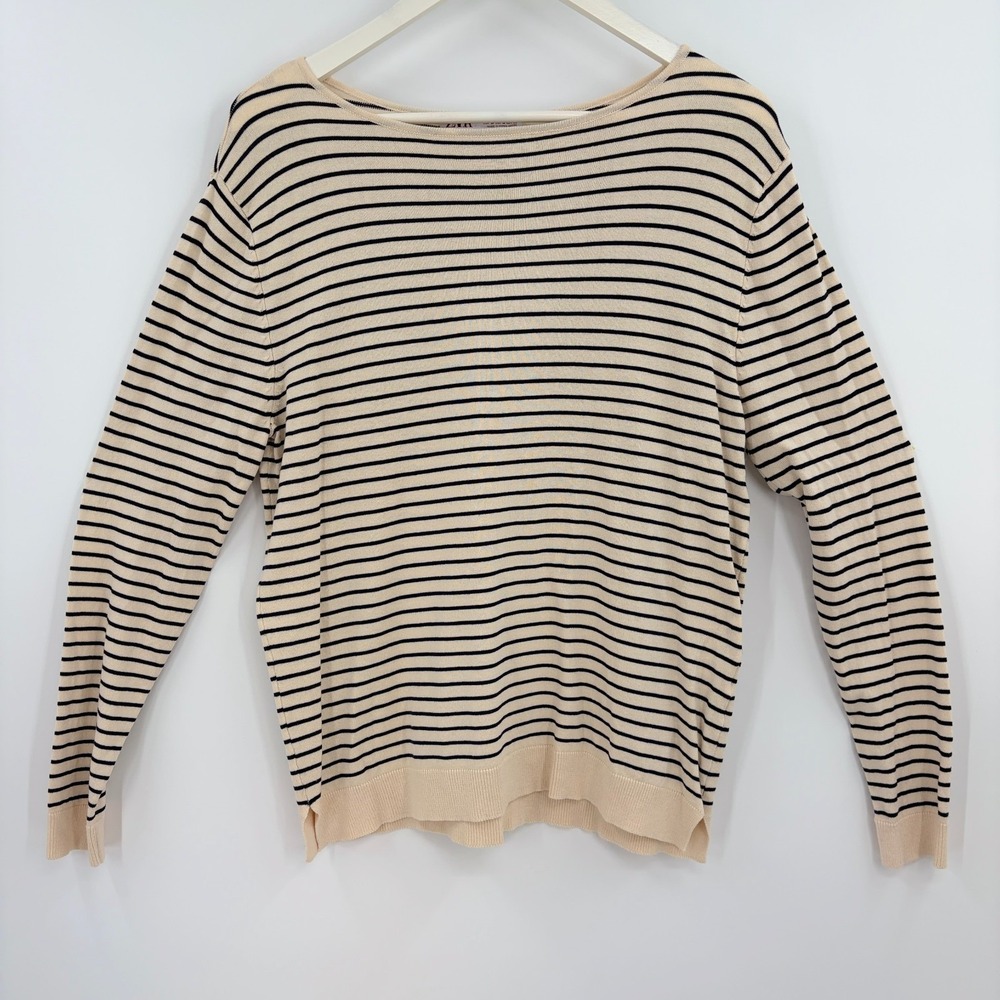 ZARA Pullover Liteweight Sweater Womens Medium Crew Neck Black Cream Striped